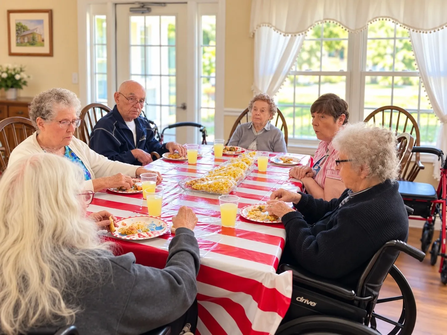 Residents sharing a meal at a table with a red-and-white checked tablecloth