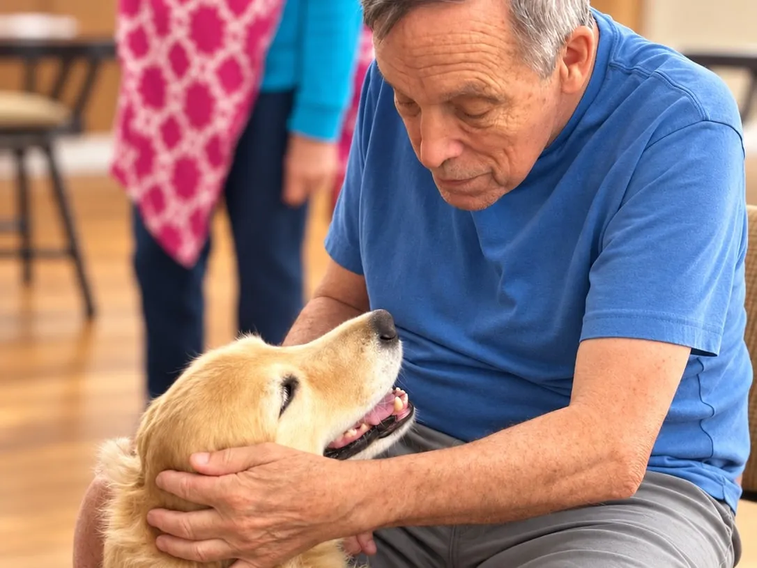 A resident gently petting a golden retriever therapy dog