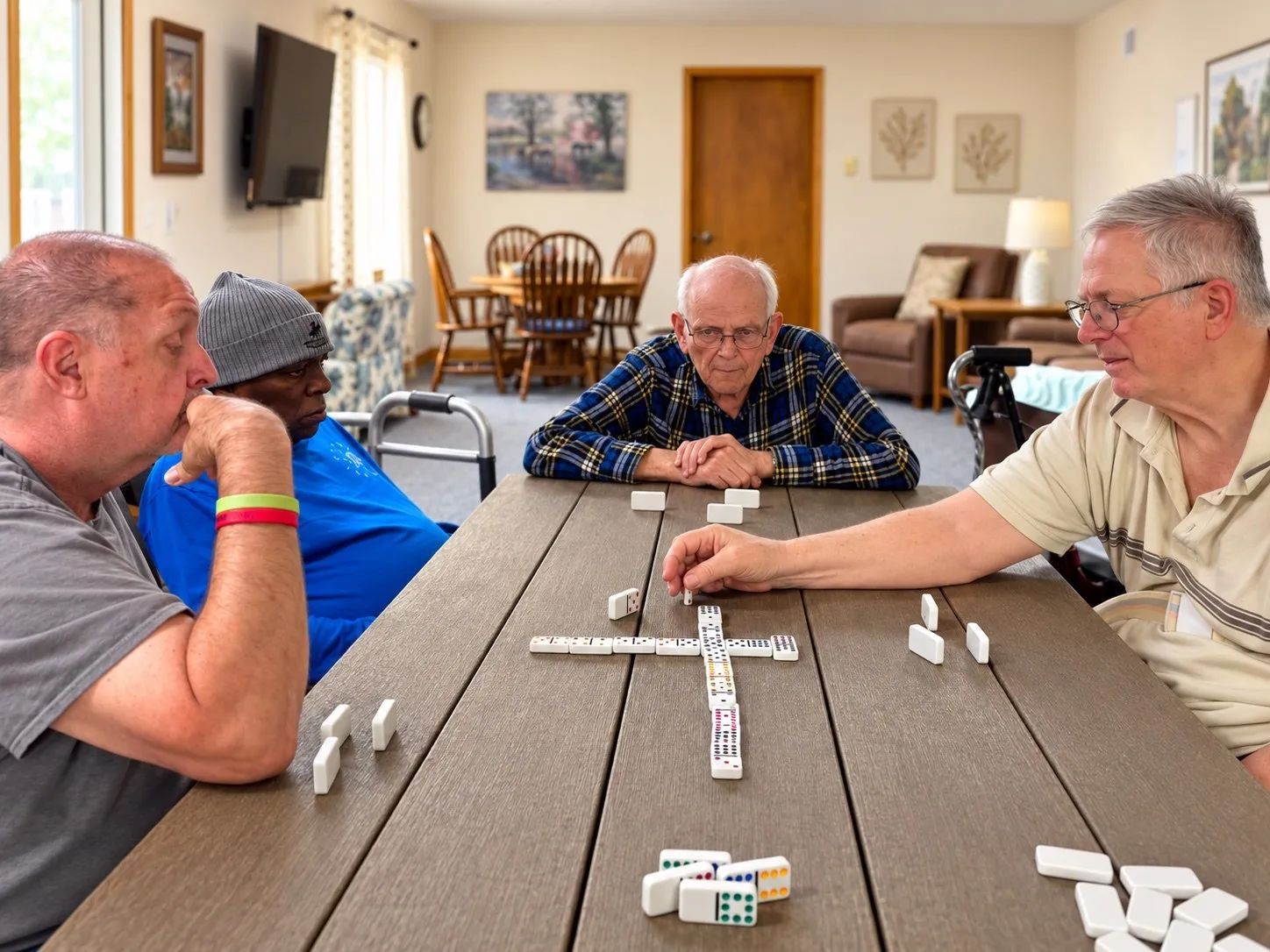 Four men playing a game of dominoes at a long table