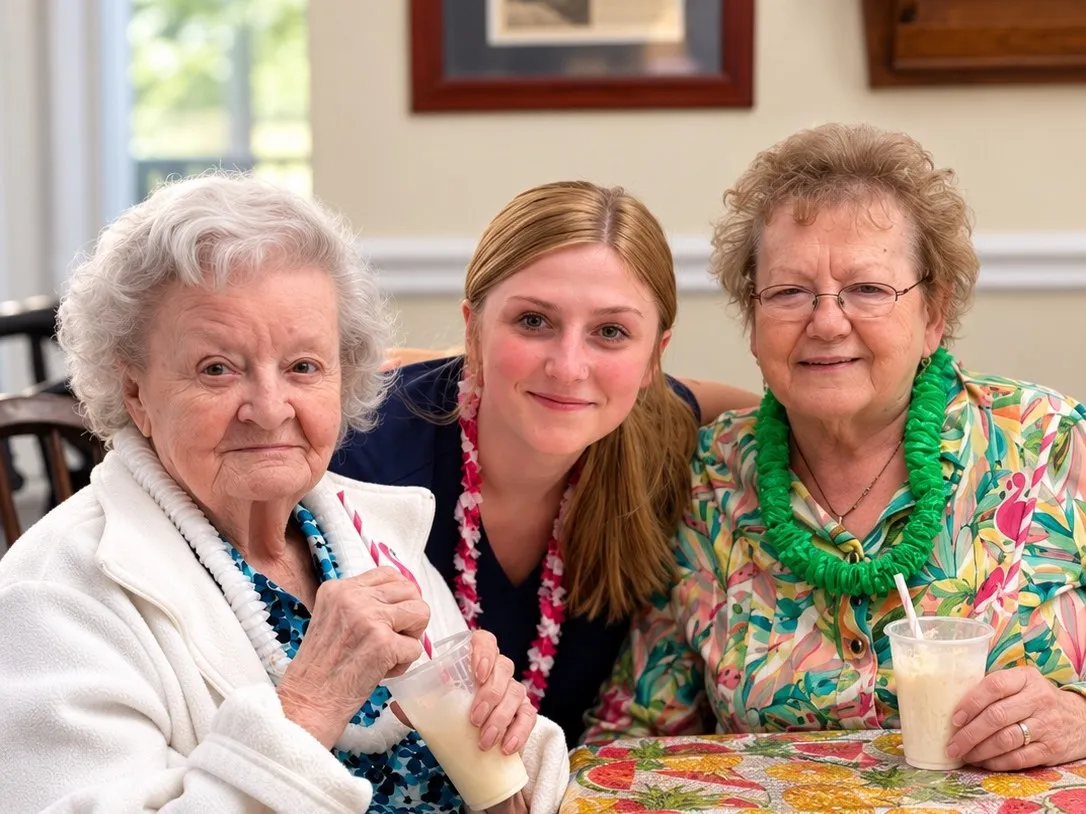 A caregiver and two residents in leis smiling at a tropical-themed party