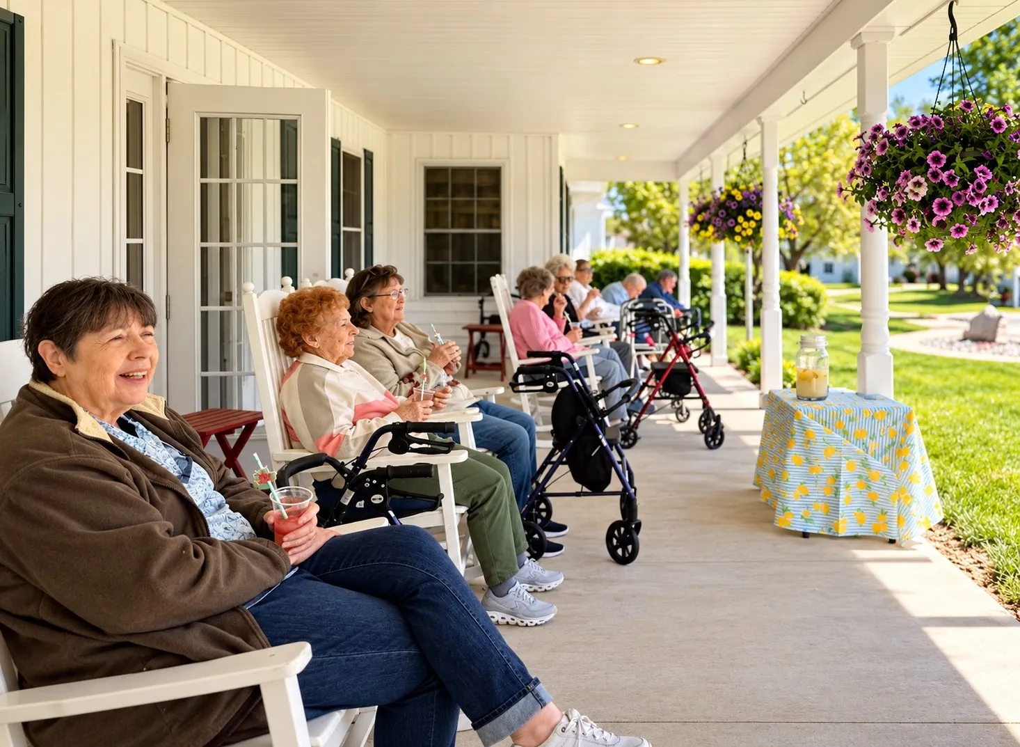Residents relaxing in rocking chairs on a long, sunny front porch