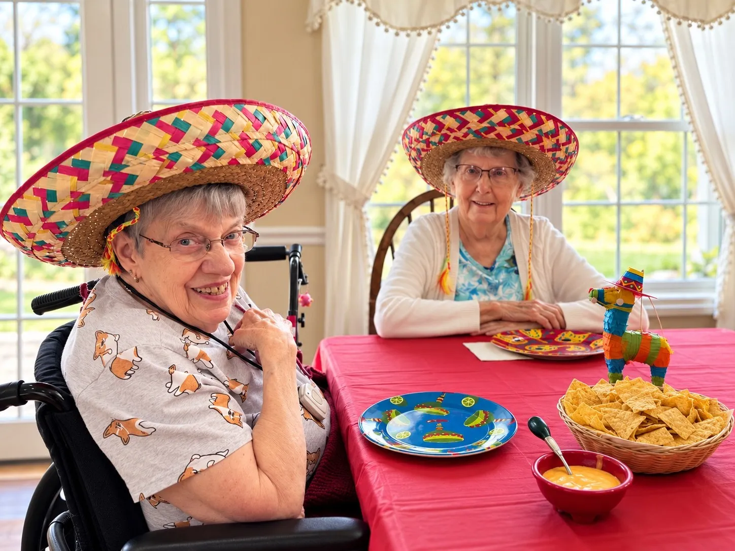 Two residents in sombreros enjoying a festive lunch with chips and salsa