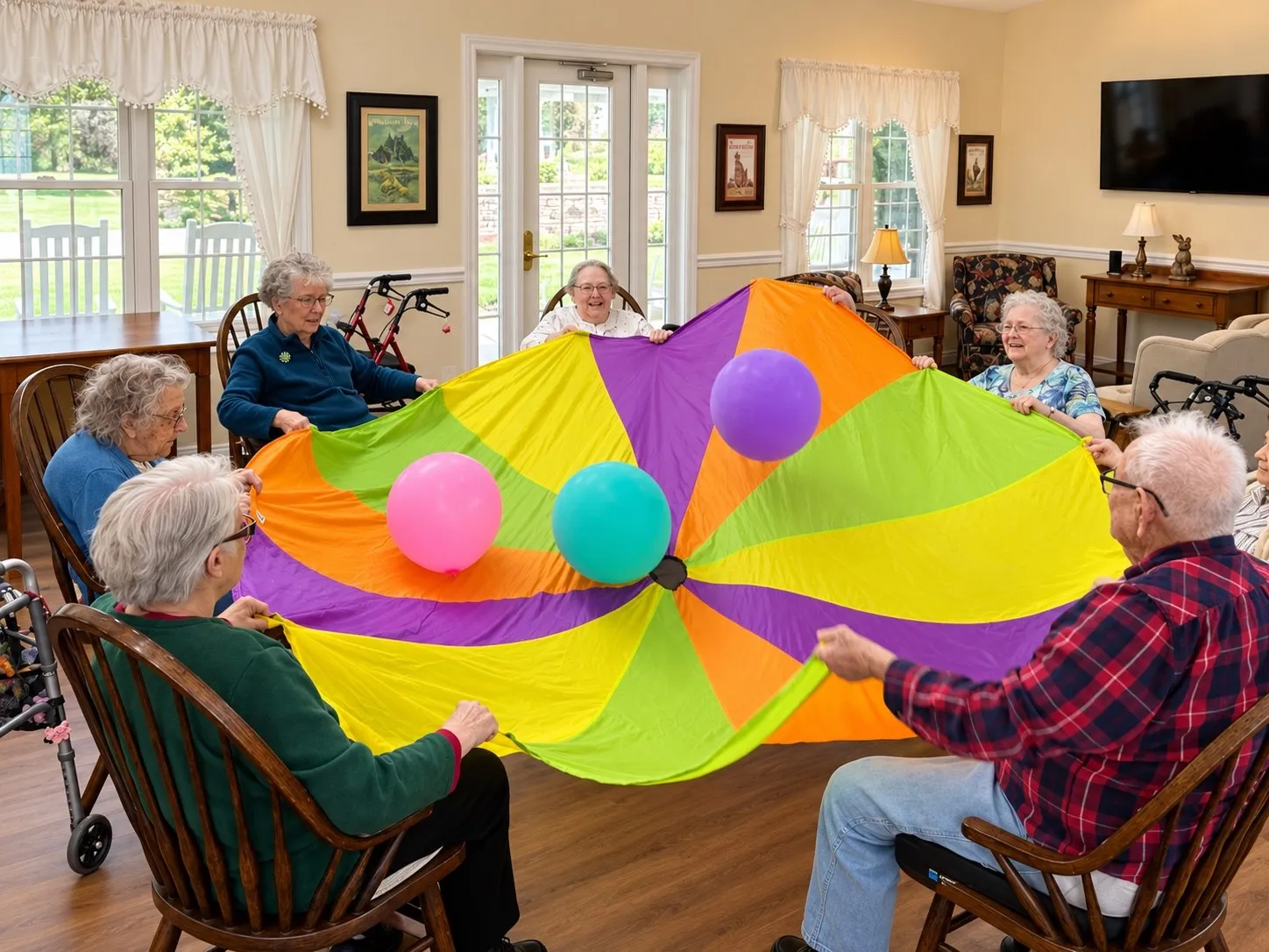 Residents lifting a rainbow parachute with colorful balls during group exercise