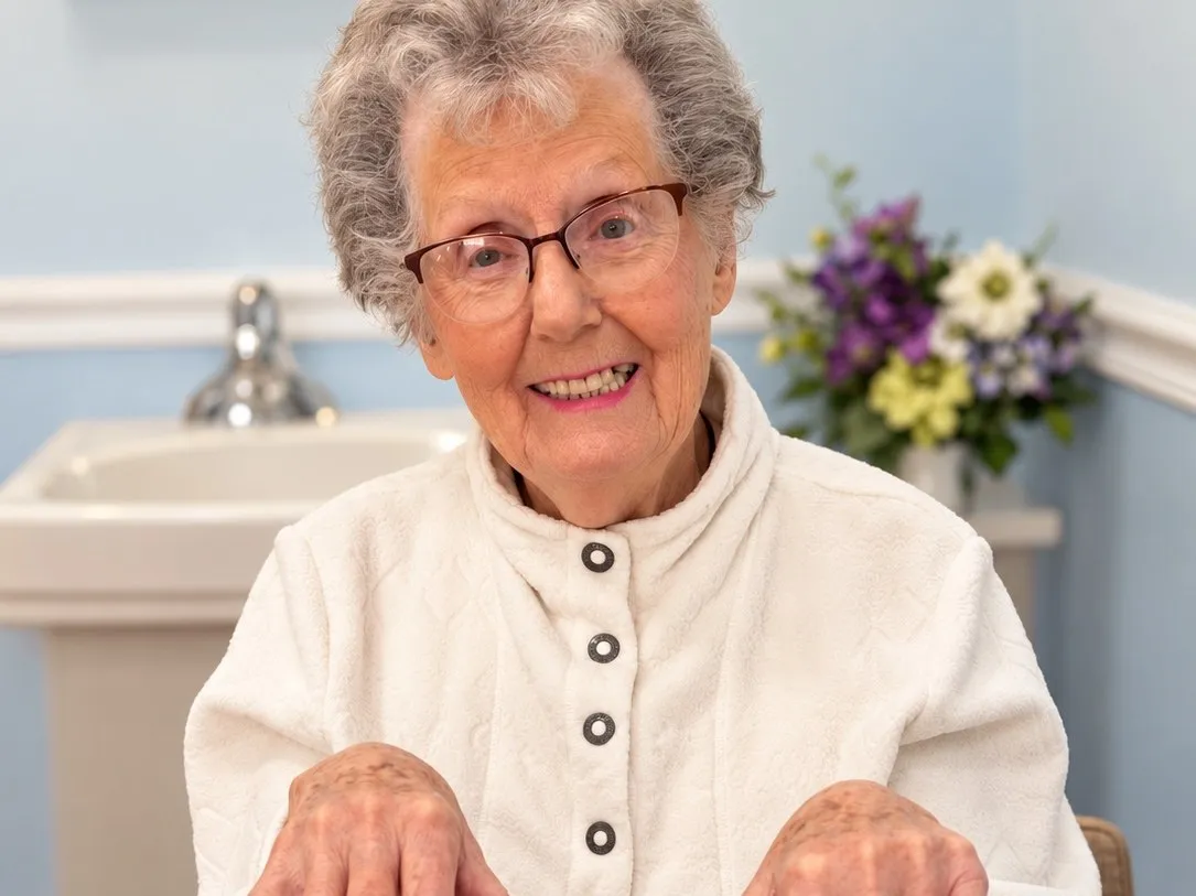 A resident smiling and showing off her freshly done nails