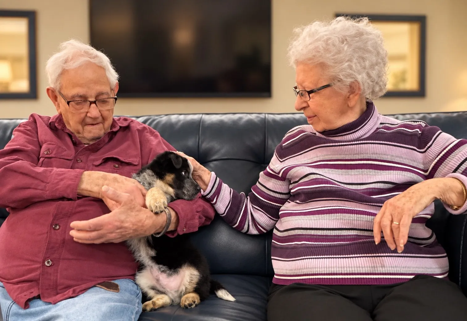 Two residents on a sofa petting a small puppy