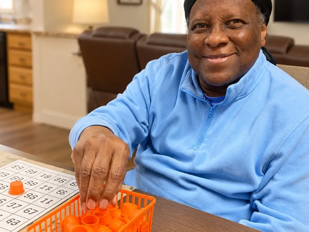 A smiling resident placing a marker on her bingo card
