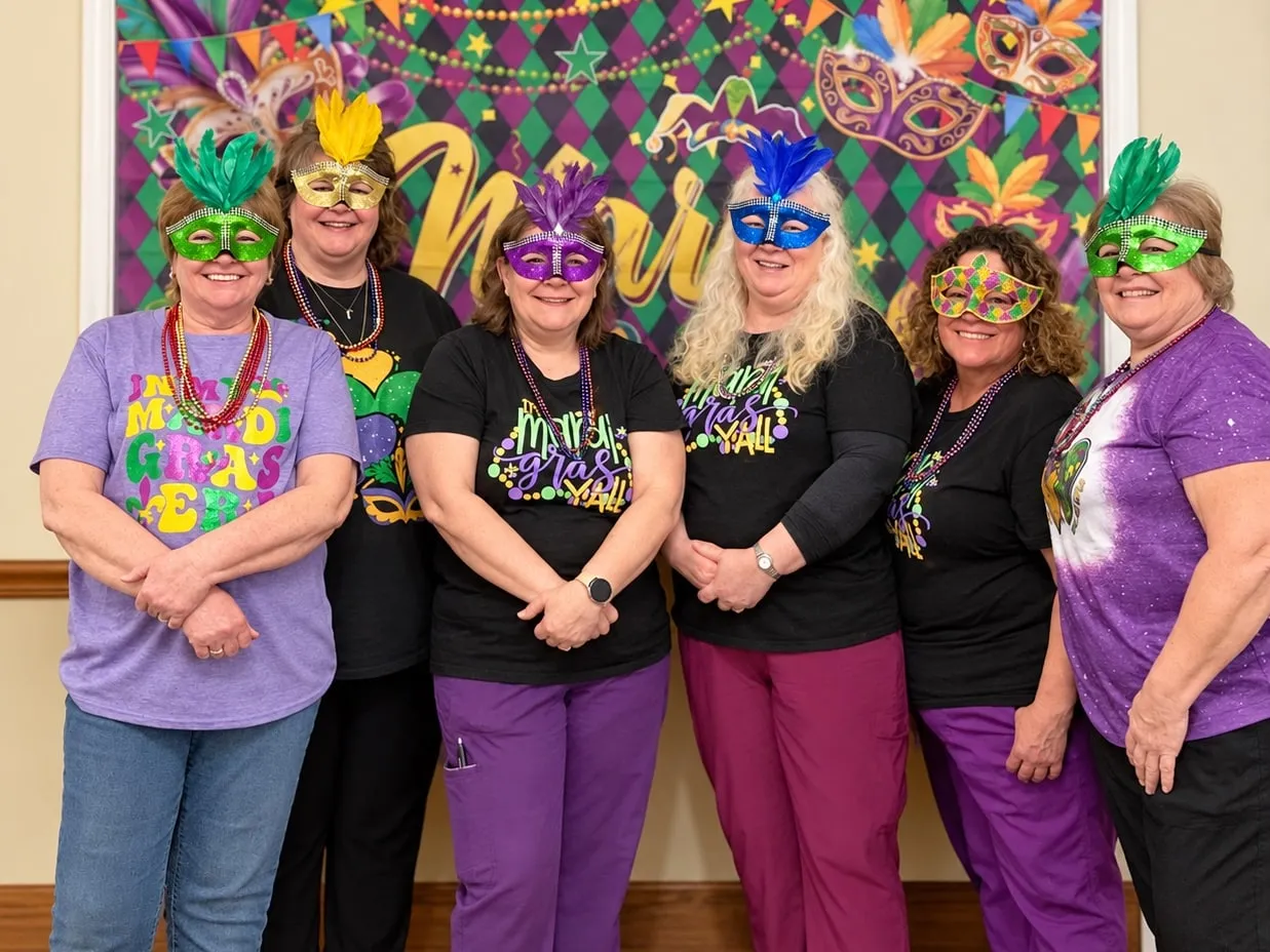 Six women in Mardi Gras masks and beads posing in front of a festive backdrop