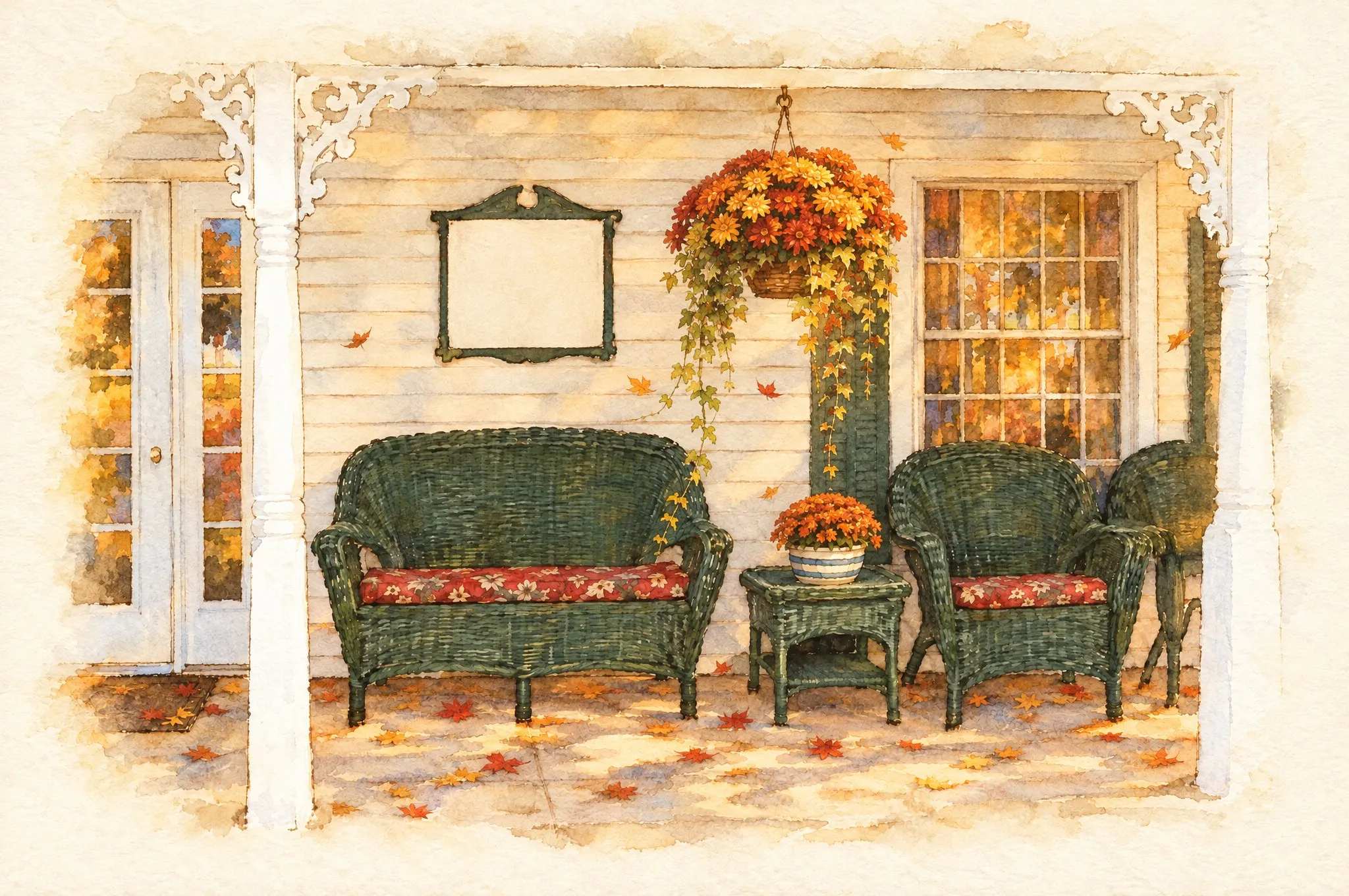 A watercolor painting of the front porch at Drews Place of Coldwater II in autumn, with gold mums and falling maple leaves
