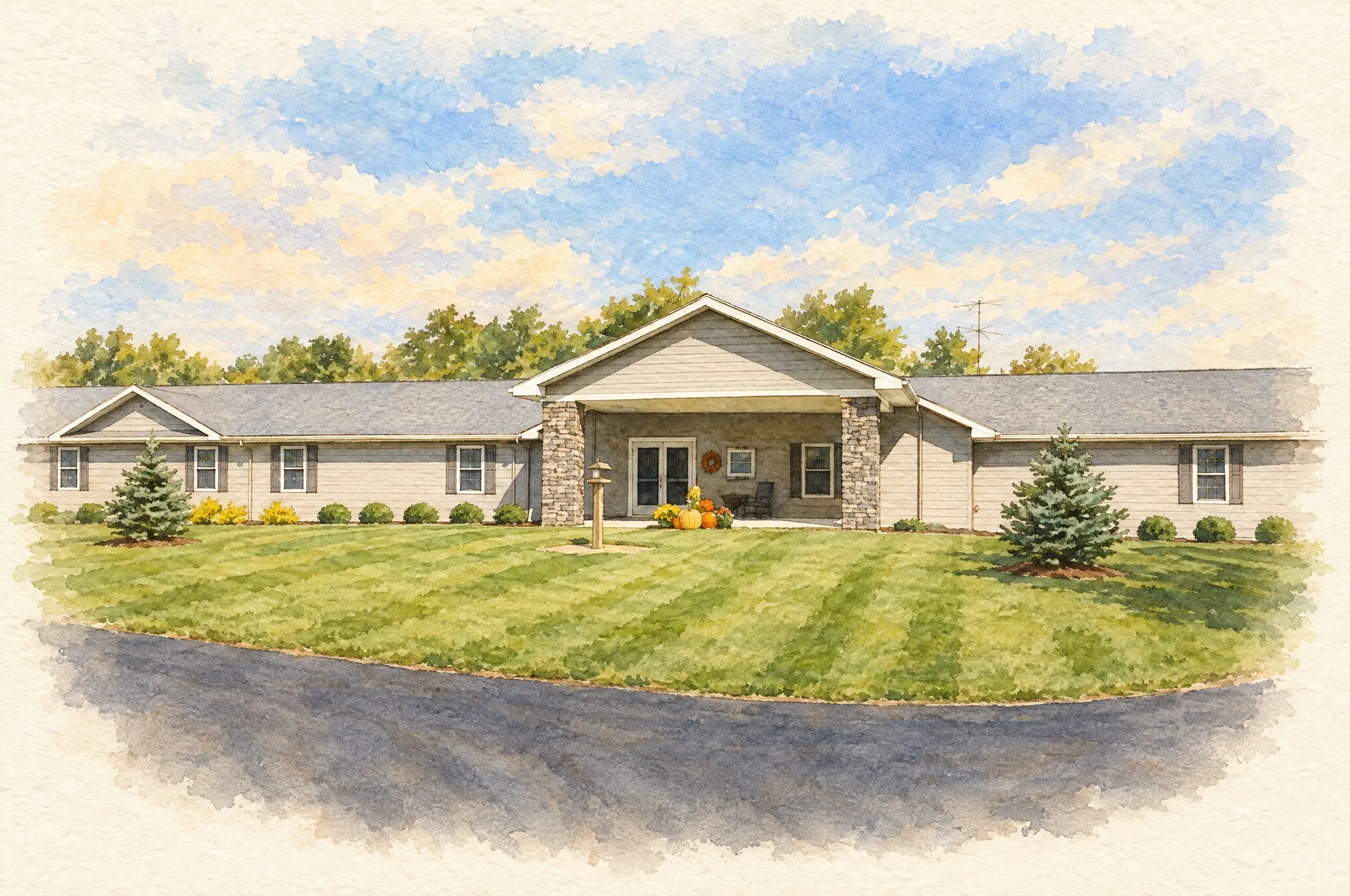 A watercolor painting of Country Living of Hillsdale: a single-story home with a stone entry, set on a wide green lawn