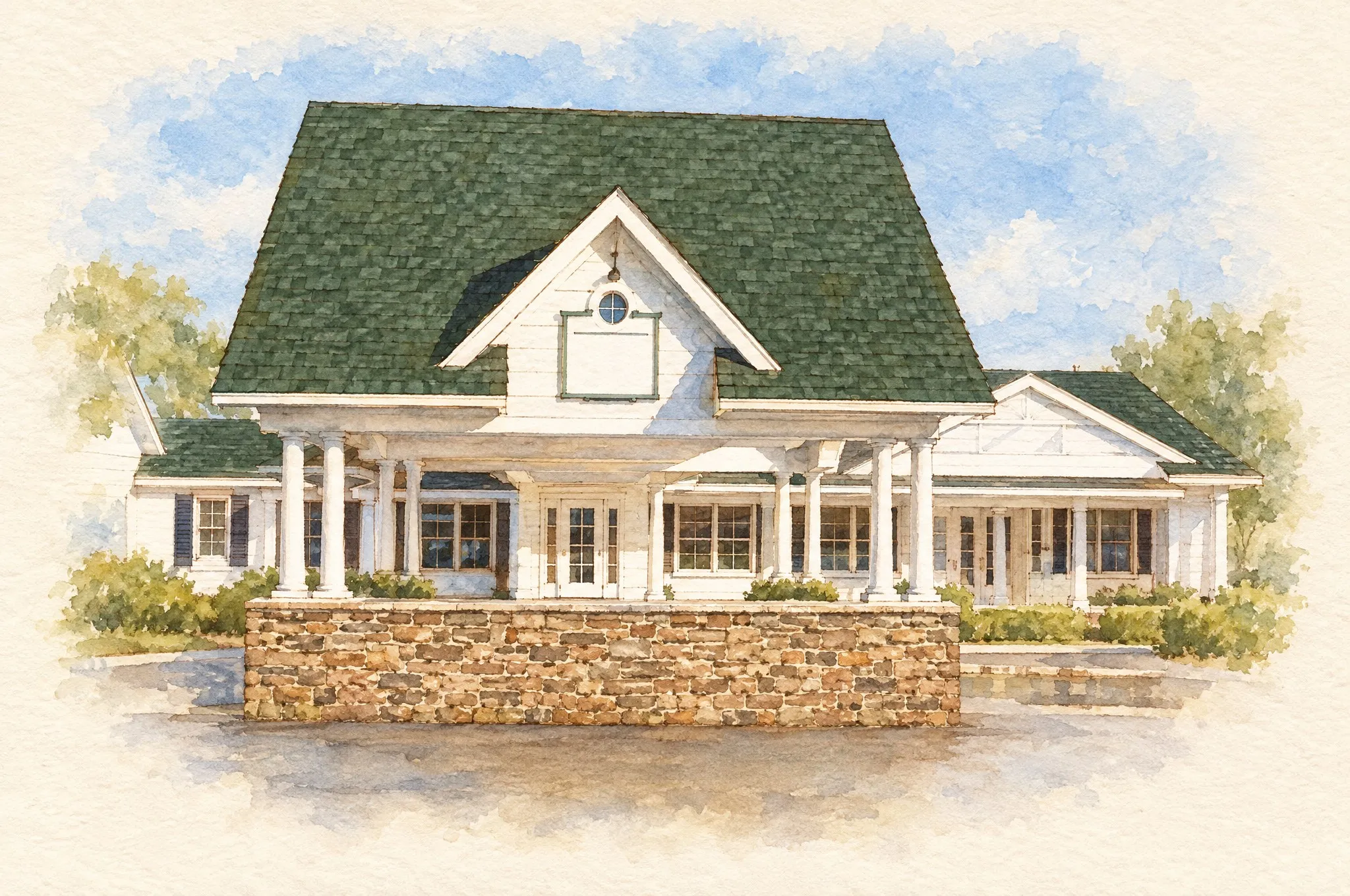A watercolor painting of Drews Place at Village Green in Hillsdale: a white home with a green roof, white columns and a low stone wall